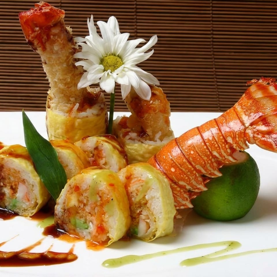 Elegant seafood platter featuring lobster tail, sliced rolls, fried shrimp, decorative sauces, lime, and a white daisy.