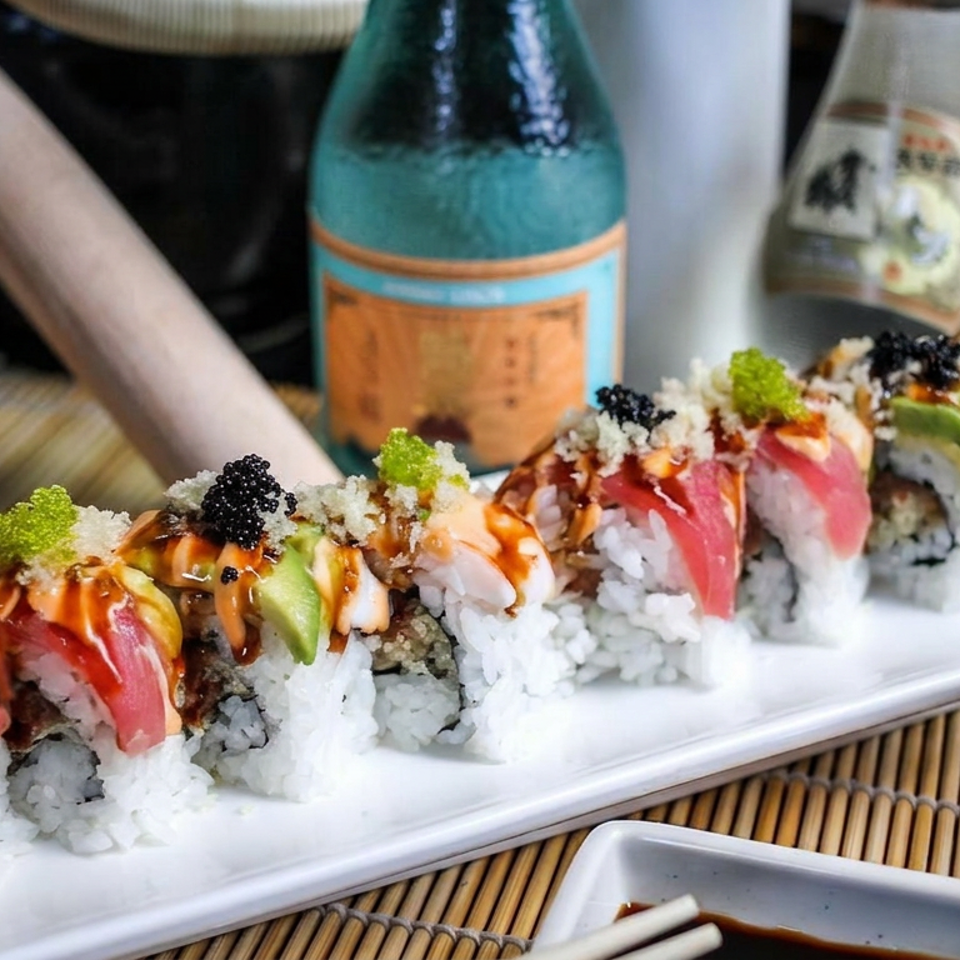 Decorated sushi rolls topped with tuna, avocado, sauces, crispy crumbs, and black roe on a white platter.