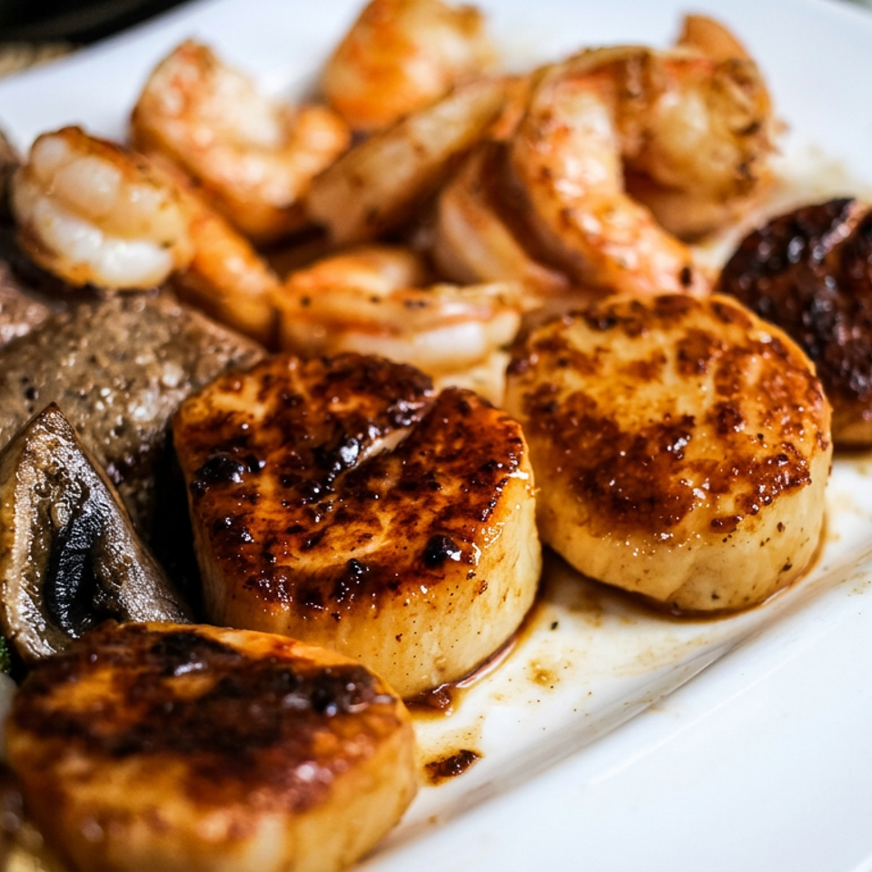 Grilled seafood and steak platter featuring scallops, shrimp, beef, mushrooms, carrots, and broccoli on a white plate.