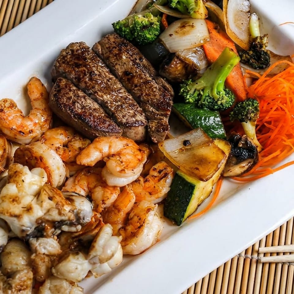 Platter of grilled steak, shrimp, mushrooms, and mixed vegetables with shredded carrots, served on a white plate.