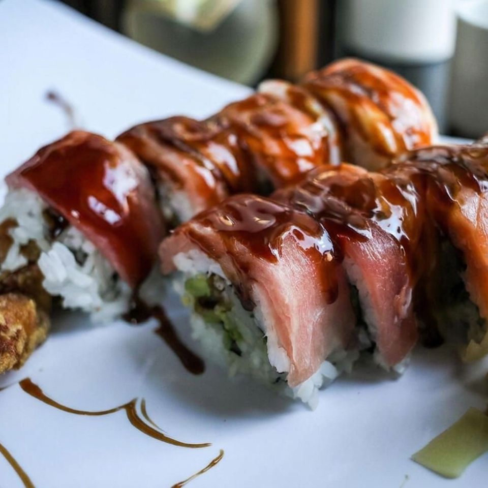 Salmon-topped sushi rolls drizzled with sauce, served with pickled ginger and wasabi on a white plate.
