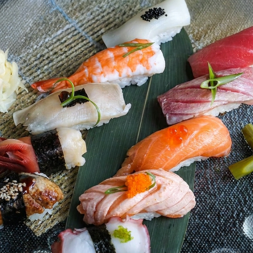 Assorted sushi nigiri, including tuna, salmon, shrimp, white fish, and eel, arranged on a textured glass plate with garnishes.