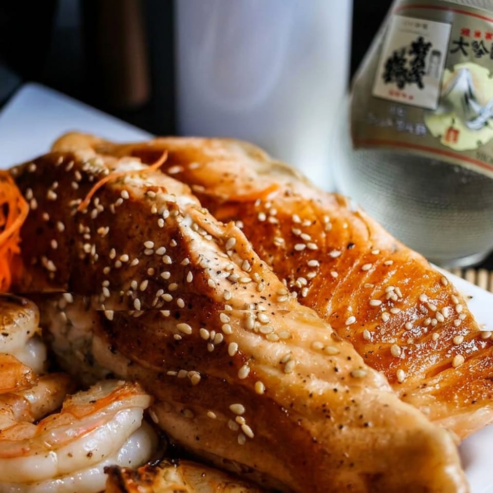Sesame-crusted grilled salmon and shrimp with shredded carrots on a white plate beside a Japanese sake bottle.